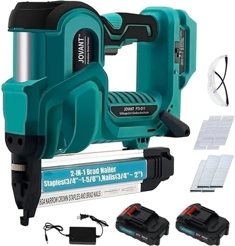 Brad Nailer - Pistola de clavos eléctrica de calibre 18, clavadora de clavos 2 en 1 con 800 clavos y grapas, pistola de clavos con 2 baterías de 2.0