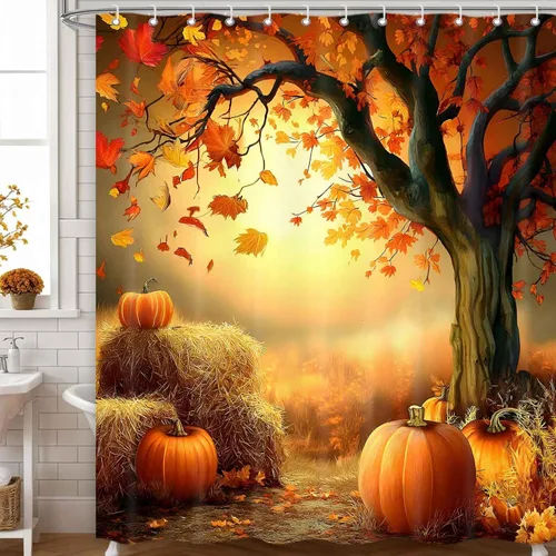Miniatura 7 de Cortina de ducha de Acción de Gracias de otoño con pavo, juego de cortinas de baño de granja con flores de calabaza de otoño y cosecha, tela