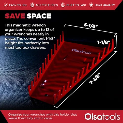 Miniatura 2 de Olsa Tools Organizador de llaves magnéticas de 12 piezas - Estante rechoncho montado en la pared - Bandeja de herramientas roja para tamaños SAE