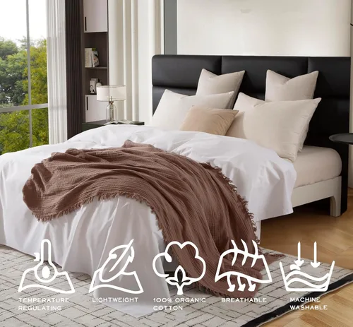 Miniatura 6 de KyraHome Mantas de Tiro 100% Algodón, 90"x104" Tamaño King, Algodón Orgánico Prelavado, Mantas de Tiro de Otoño de Gasa Ligera, Mantas de Muselina
