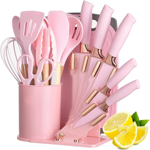 Miniatura 12 de Juego de utensilios de cocina y cuchillos de cocina de 19 piezas con bloque de soporte, incluye 11 utensilios de cocina de silicona, 5 cuchillos