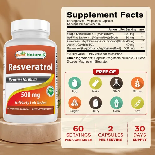 Miniatura 2 de Best Naturals 2 paquetes de complejo de resveratrol 500 mg 60 cápsulas vegetales hechas con piel de uva, vino tinto, quercetina, sin gluten y sin