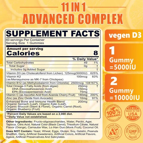 Miniatura 2 de Gomitas de vitamina D3 K2 5000IU / 10,000 UI con omega-3 250 mg+K2 (MK-7) 100 mcg -5 veces absorción que D3K2 estándar, con vitamina C, zinc y 5