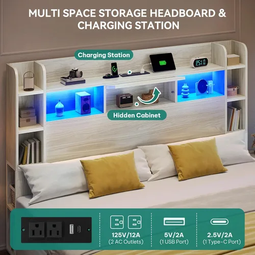 Miniatura 3 de DWVO King Size Bed Frame with Tall Bookcase Headboard and 4 Storage Drawers, RGB LED Bed Frame with Type-C & USB Charging Station Storage Headboard