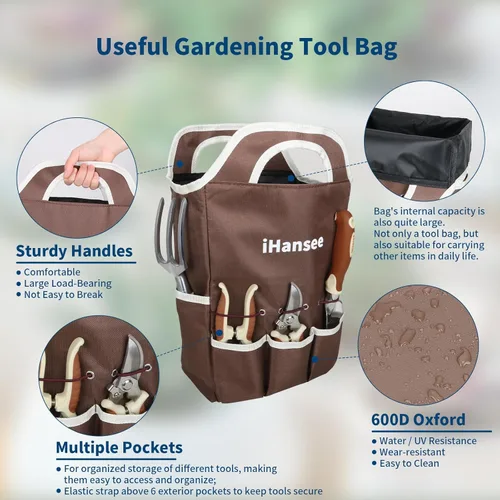 Miniatura 3 de Juego de herramientas de jardinería marrón de 12 piezas, kit de herramientas de mano de jardín con mango ergonómico antideslizante, bolsa