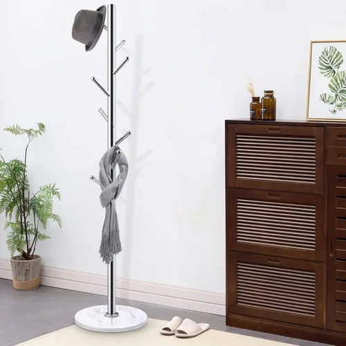 Miniatura 6 de Homde Perchero de metal con base de mármol natural, de acero inoxidable independiente para ropa, árbol con 8 ganchos, colgador de pasillo