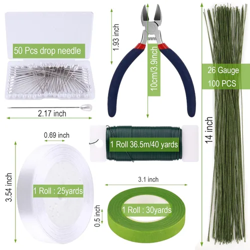 Miniatura 2 de GLAMFIELDS Cinta Floral y Alambre Floral, Kit de Arreglos Florales con Cinta Floral Verde para Ramos, Alfiler de Boutonniere, Cinta Blanca, Cortador