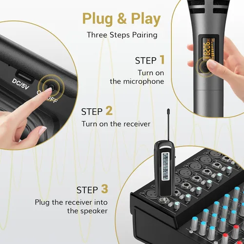 Miniatura 5 de TONOR 4 micrófonos inalámbricos con receptor recargable, micrófonos inalámbricos UHF de 4 x 10 canales con control de volumen, sistema de micrófono
