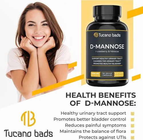 Miniatura 3 de Tratamientos de infección del tracto urinario D Manosa 1000 mg Cápsulas - Potentes píldoras de D-manosa y arándano con extracto de hibisco - Control