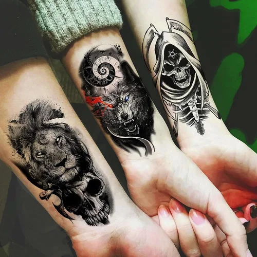 Miniatura 7 de 70 hojas de tatuajes temporales realistas en 3D de antebrazo, lobo, tigre, león, para hombres y mujeres, brazo del muslo, calavera aterradora