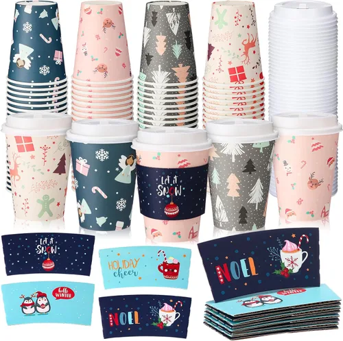 Miniatura 10 de Yungyan Paquete de 100 Tazas de Café Desechables de Navidad de 12 oz con Tapas y Mangas, Tazas de Café de Papel Aisladas con Tapas de Cúpula