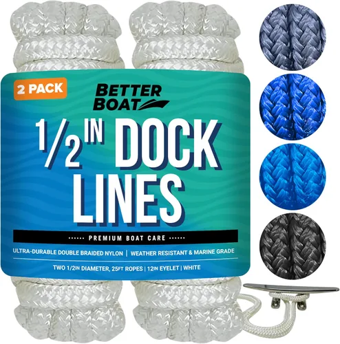 Miniatura 19 de Líneas de muelle para barcos de 1/2 pulgada x 25 pies, paquete de 2 cuerdas de nailon trenzado doble con bucle de 12 pulgadas, línea de amarre