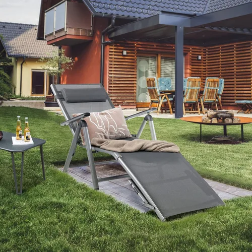 Miniatura 2 de HAPPYGRILL Sillón de aluminio para patio con respaldo ajustable de 8 posiciones, reposapiés de 2 posiciones, cómodo reposacabezas, silla reclinable