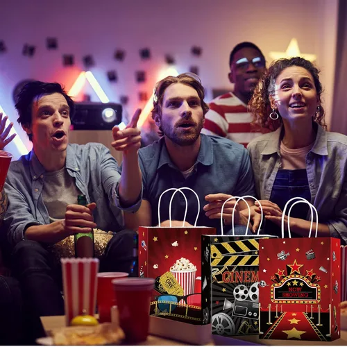Miniatura 5 de Funrous 24 bolsas de fiesta nocturna de película con papel de seda, bolsas de recuerdo de película con asas, regalo de regalo para niños