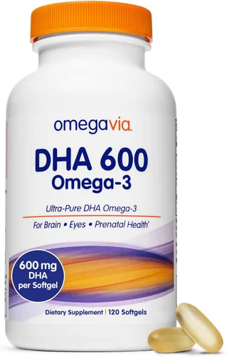 OmegaVia DHA 600 mg - Suplementos ultra puros Omega-3 DHA para cerebro y ojos, embarazo y vitaminas prenatales DHA para mujeres, suplemento Omega 3