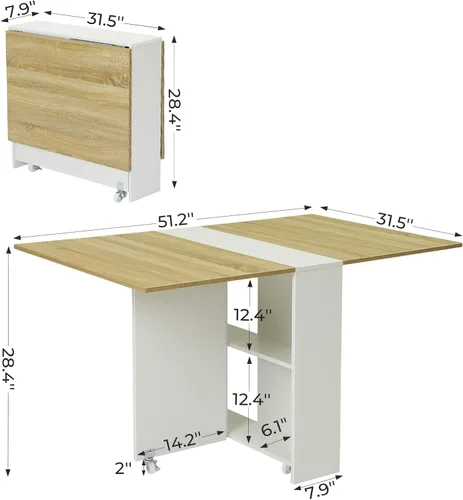 Miniatura 2 de Mesa de comedor plegable Tiptiper con 6 ruedas, mesa de comedor de hojas abatibles con estantes de almacenamiento, mesa de cocina plegable