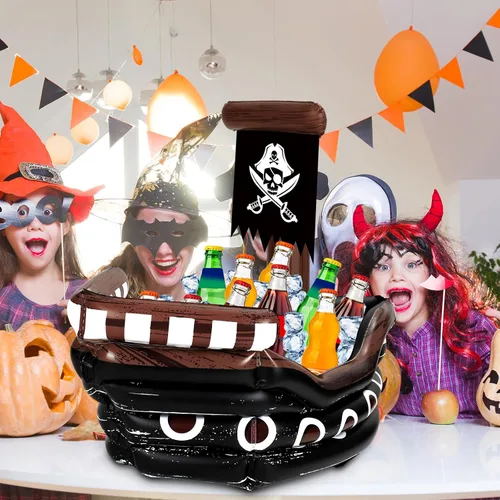 Miniatura 6 de Zhanmai Enfriador inflable de bebida de barco pirata, contenedor de comida inflable para verano, carnaval, Mardi Gras, fiesta de cumpleaños pirata