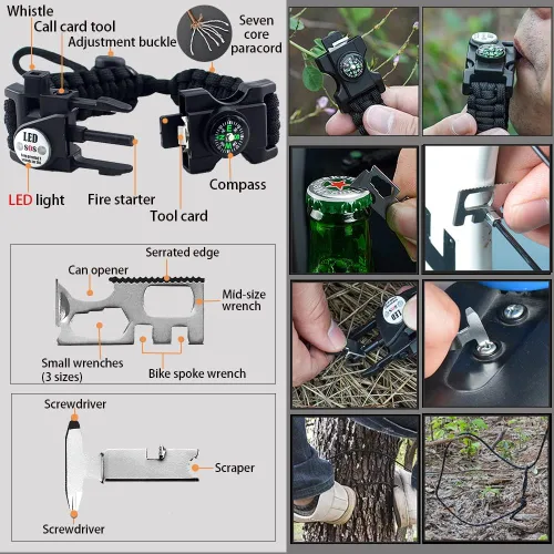 Miniatura 2 de Brazalete de supervivencia con paracord, iniciador de fuego, luz SOS impermeable, brújula, silbato, AK87 ajustable 20 en 1, juego de supervivencia