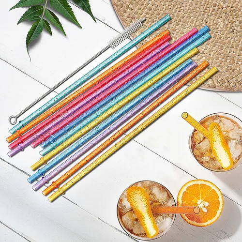 Miniatura 5 de Paquete de 12 popotes de plástico reutilizables con purpurina, 11 pulgadas, transparente, sin BPA, irrompible, con cepillo de limpieza