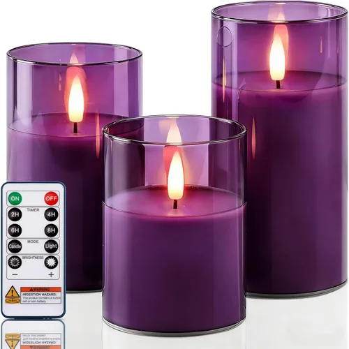 Miniatura 14 de Homemory Vela sin llama extra grande de 6 x 6 pulgadas con 3 mechas, vela LED de cristal, vela de cera real a pilas con control remoto y 3 mecha gris