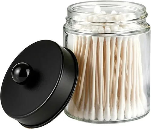 Amolliar Apothecary Tarros organizador de tocador de baño, tarro de encimera con tapa de almacenamiento, soporte dispensador de vidrio para Qtips,
