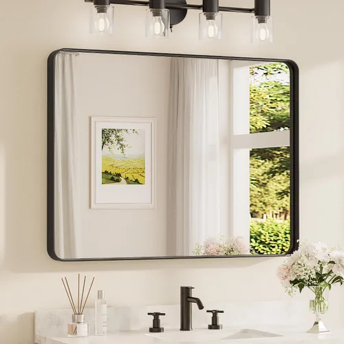 Miniatura 57 de TETOTE Espejo de marco dorado cepillado de 16 x 24 pulgadas, espejo de tocador de baño de latón dorado para pared, espejo enmarcado rectangular