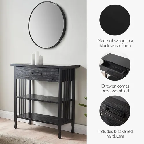 Miniatura 4 de Leick Home Ironcraft Estantería de madera maciza, 1 cajón, 2 estantes, herrajes ennegrecidos, lados de listones, fácil montaje, negro lavado, 12