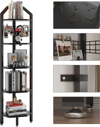 Miniatura 8 de YMYNY UHBR006B - Estante esquinero de pared de 5 niveles, estante de escalera de esquina, marco de metal, estante de exhibición con rejilla de Negro