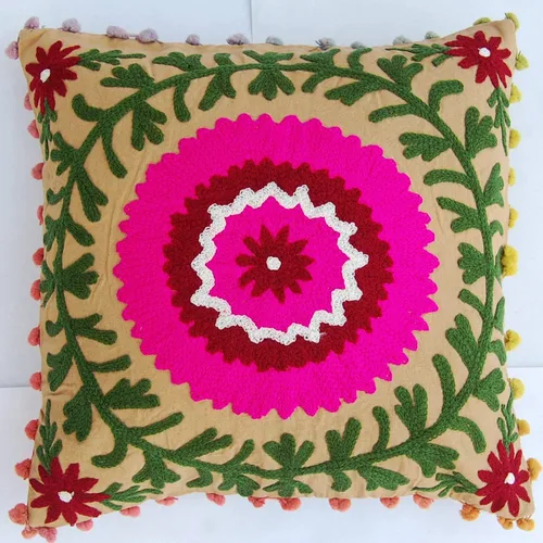 Miniatura 2 de Almohada tradicional Jaipur Boho Suzani, funda de cojín bordada de 16 x 16 pulgadas, funda de almohada decorativa, cojines indios con pompones