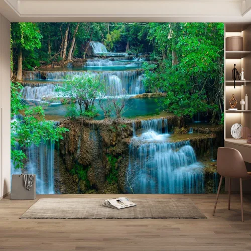 Papel pintado de cascada de bosque, diseño cálido de plantas tropicales, papel tapiz Art Deco, para sala de estar, fondo de televisión, no se pega