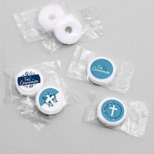 Miniatura 3 de Big Dot of Happiness First Communion Blue Elegant Cross - Adhesivo redondo para fiesta religiosa para niños, etiquetas para dulces de chocolate