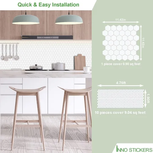 Miniatura 2 de Protector contra salpicaduras de 10 hojas hexagonales para despegar y pegar, 11.42" x 11.42" mosaico de mármol autoadhesivo de panal blanco