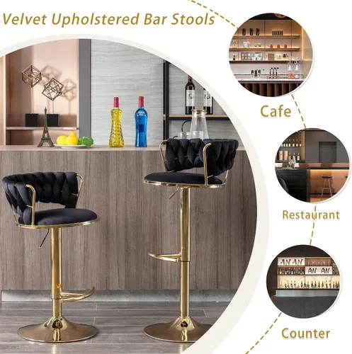 Miniatura 7 de Juego de 2 taburetes de bar de terciopelo giratorios con base de metal dorado, taburetes de bar modernos de altura de mostrador para cocina, pub