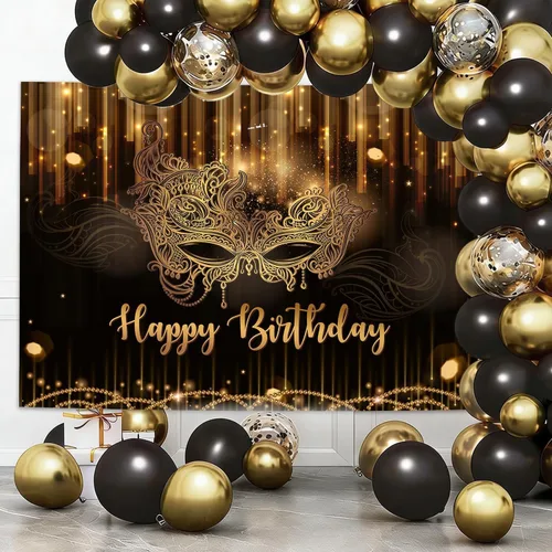Miniatura 2 de AIBIIN Máscara de fondo de feliz cumpleaños de 7 x 5 pies, suministros de decoración de carnaval, cumpleaños, fiesta de baile, pancarta negra