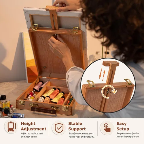 Miniatura 4 de DJAR Caballete de Mesa para Pintura, Caja de Bocetos de Madera de Haya Sólida Ajustable Caballete de Arte de Escritorio, Caja de Almacenamiento