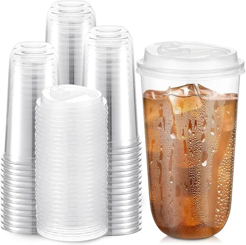 Miniatura 16 de Baderke 50 juegos de vasos de plástico transparente de 16 onzas con tapas, tazas de café helado resistentes con tapas, vasos de plástico desechables