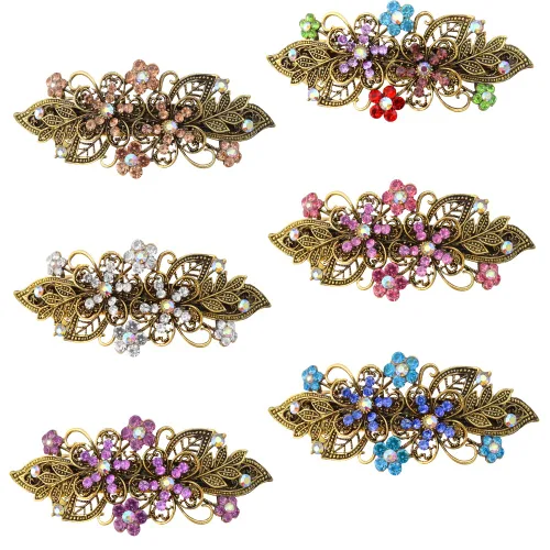 TCOTBE Pinzas para el cabello, 6 pasadores franceses de metal con flores vintage con diamantes de imitación de cristal, pinzas decorativas con