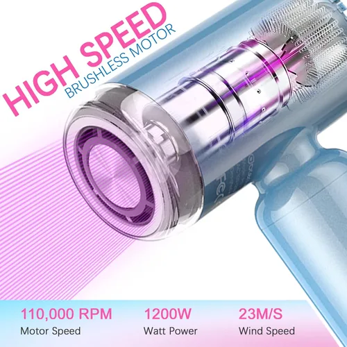 Miniatura 4 de Mini secador de pelo, secadora de alta velocidad con motor sin escobillas de 110,000 RPM, difusor magnético, tecnología iónica negativa para secado