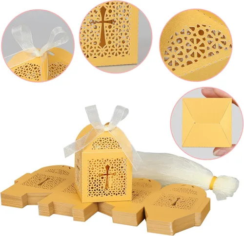 Miniatura 5 de KPOSIYA Paquete de 70 cajas de regalo de bautismo, cajas de dulces cortadas con láser con cintas, cajas de regalo pequeñas para baby shower, Dorado