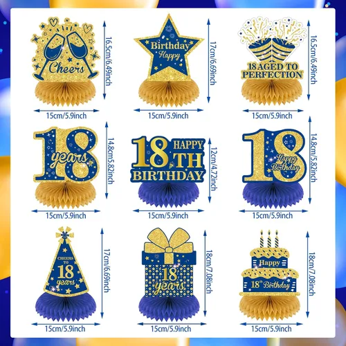 Miniatura 7 de 9 piezas de decoración de cumpleaños azul marino dorado 18 centros de mesa de panal para decoración de mesa, decoraciones de feliz cumpleaños 18