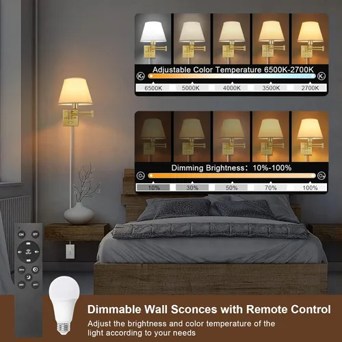 Miniatura 2 de TRLIFE Aplique de pared regulable, control remoto de atenuación 10-100% y temperatura de color ajustable 2700K-6500K luces de pared de latón Mando