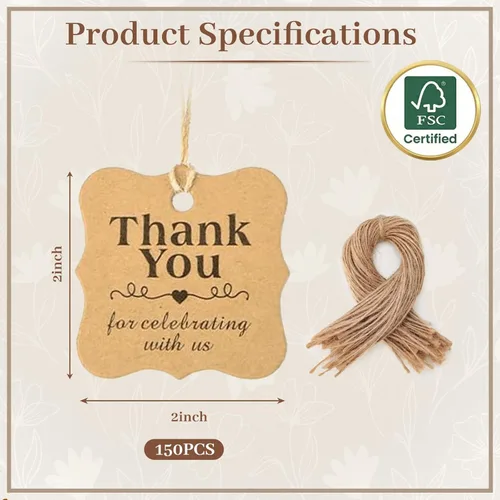 Miniatura 6 de SallyFashion 150 unidades de etiquetas de regalo marrones «gracias» con cuerda, etiquetas de papel de 2 x 3 pulgadas para regalos de fiesta, bodas