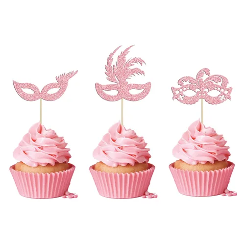 Miniatura 14 de Gyufise 24 máscaras de mascarada para cupcakes con purpurina para despedida de soltera, para cupcakes, comida y frutas, baile de máscaras, Mardi