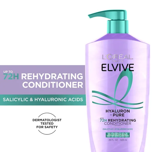 Miniatura 2 de L'Oreal Paris Elvive Hyaluron + Pure 72H Acondicionador rehidratante para cabello graso, acondicionador para cabello con ácido salicílico y ácido