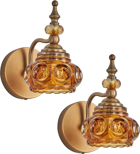 Miniatura 20 de Apliques de pared vintage, iluminación de pared de 1 luz con pantalla de cristal, acabado de latón antiguo cepillado mate, lámpara de pared
