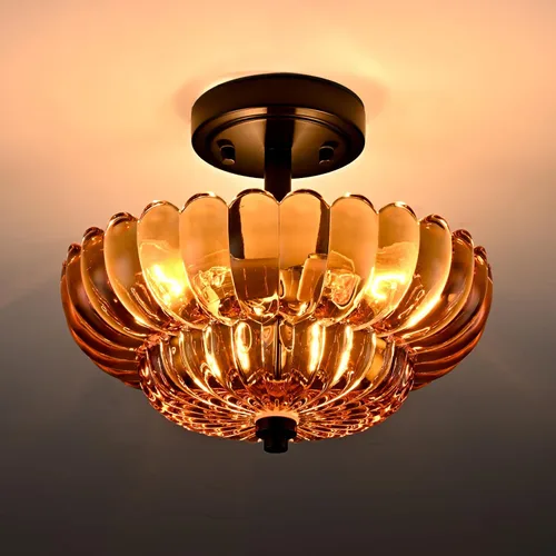 Miniatura 13 de Lámpara de techo semiempotrada, 3 luces de techo vintage modernas de cristal verde, luz cercana al techo festoneada, lámpara de techo empotrada