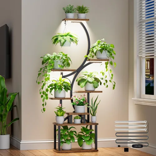 Miniatura 10 de Soporte para plantas con luces de cultivo para plantas de interior, estante esquinero alto de 8 niveles con luz de espectro completo, en forma de S