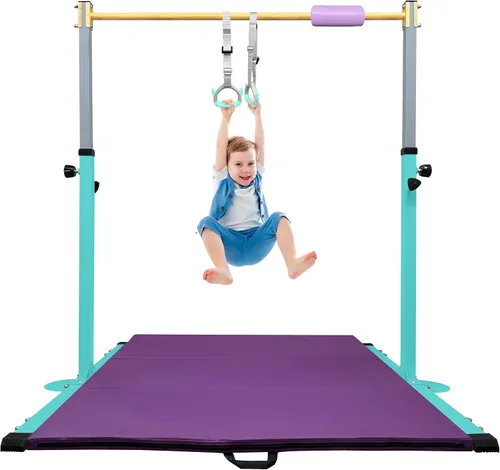 Miniatura 7 de Adjustable Gymnastics Bar for Kids with Mat - Sturdy Kip Bar with Rings, Horizontal Bar for Home Training, 3'-5' Height, Ages 3-15, 250 LBS