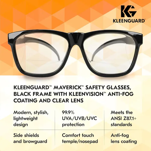 Miniatura 9 de KleenGuard™ V30 Maverick™ - Gafas de seguridad (49309), con revestimiento antivaho y lentes transparentes, montura negra, unisex para hombres