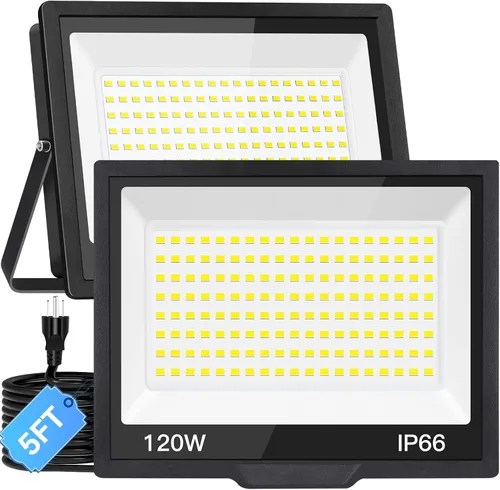 Luz de inundación LED de 120 W para exteriores con enchufe, luces de seguridad superbrillantes de 14400 lm con cable de 5 pies, luz de trabajo LED